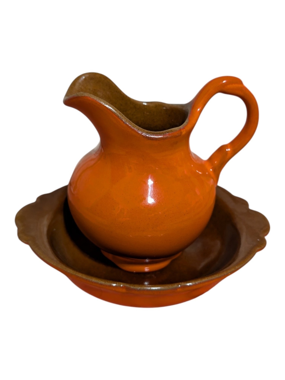 Vintage Frankoma Pottery Mini Pitcher 40A & Saucer 40B Flame Red Orange Brown